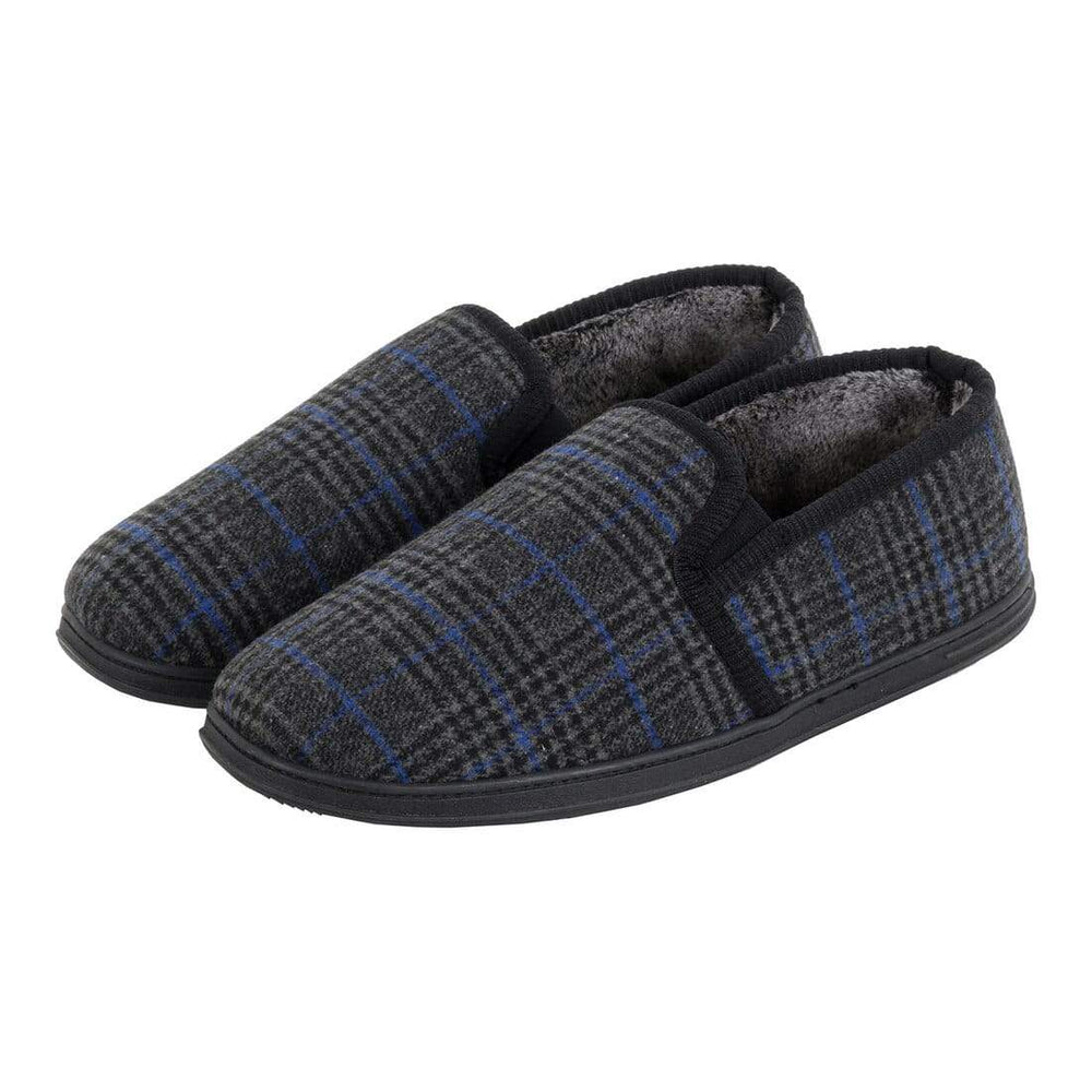 Mens Full Slippers Check Fleece Faux Fur Lining Non-Slip Sole Black / 7