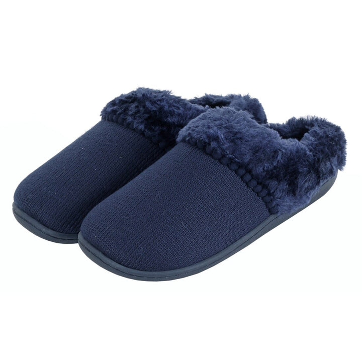 Womens Mule Slippers Knitted Upper Fleece Lining Non-Slip Navy / 3-4