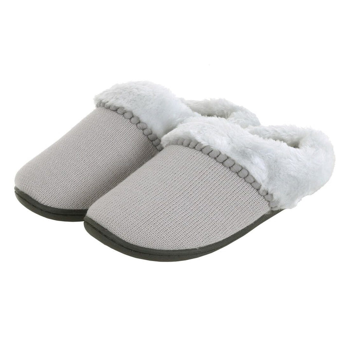 Womens Mule Slippers Knitted Upper Fleece Lining Non-Slip Grey / 3-4