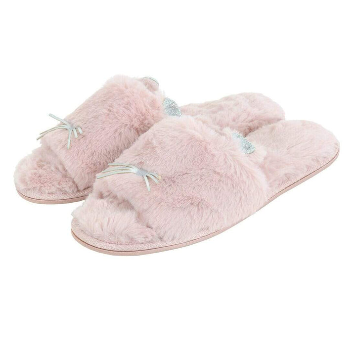 Womens Sliders Kitty Cat Faux Fur Slippers Non-Slip Pink / 3-4