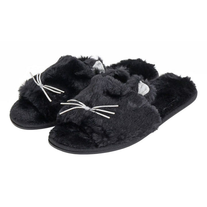 Womens Sliders Kitty Cat Faux Fur Slippers Non-Slip Black / 3-4