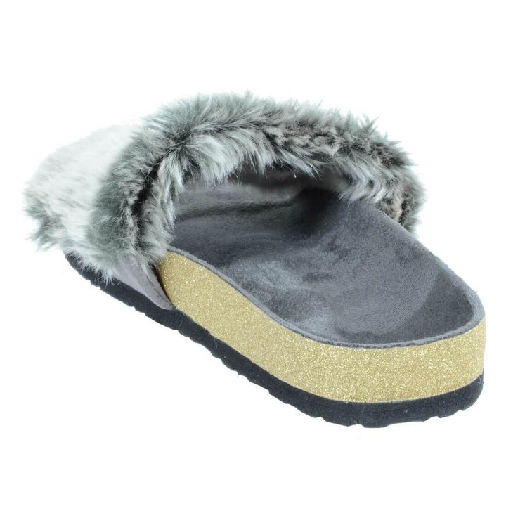 Womens Faux Fur Sliders Slippers With Glittery Moulded Sole