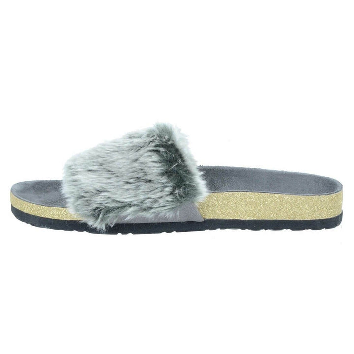 Womens Faux Fur Sliders Slippers With Glittery Moulded Sole