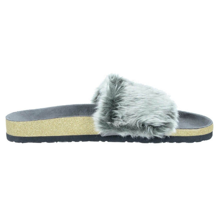 Womens Faux Fur Sliders Slippers With Glittery Moulded Sole