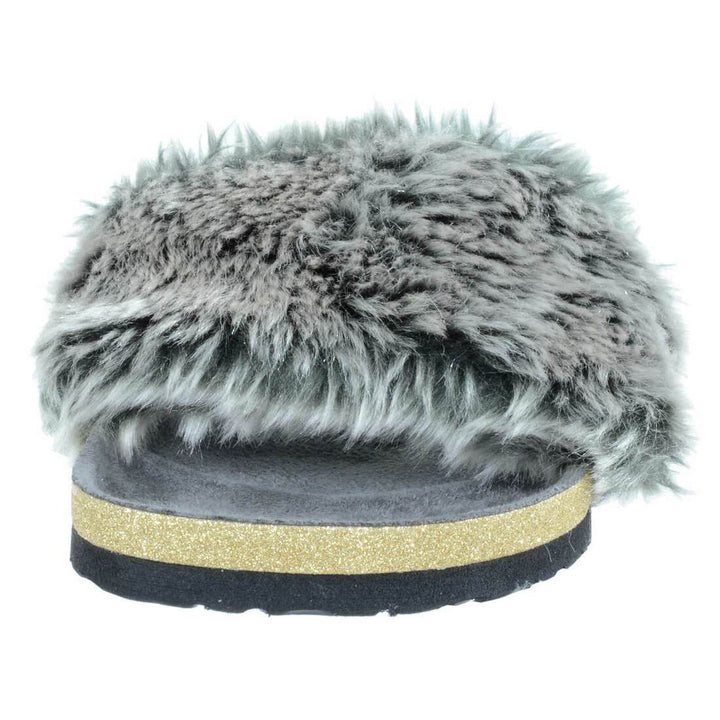 Womens Faux Fur Sliders Slippers With Glittery Moulded Sole