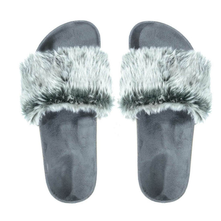 Womens Faux Fur Sliders Slippers With Glittery Moulded Sole