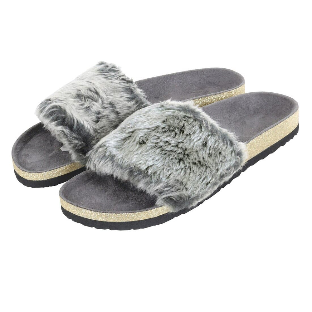 Womens Faux Fur Sliders Slippers With Glittery Moulded Sole Grey / 3-4