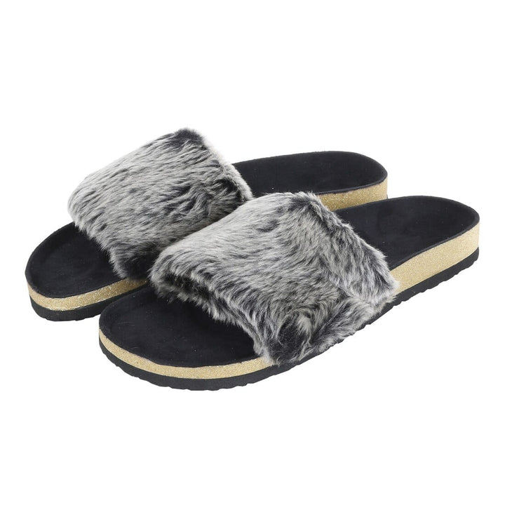 Womens Faux Fur Sliders Slippers With Glittery Moulded Sole Black / 3-4