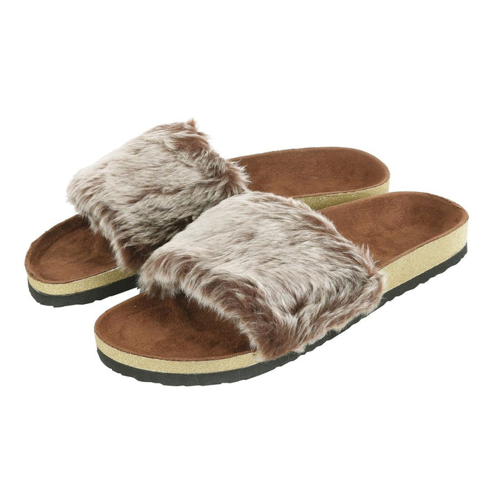 Womens Faux Fur Sliders Slippers With Glittery Moulded Sole Mink / 3-4