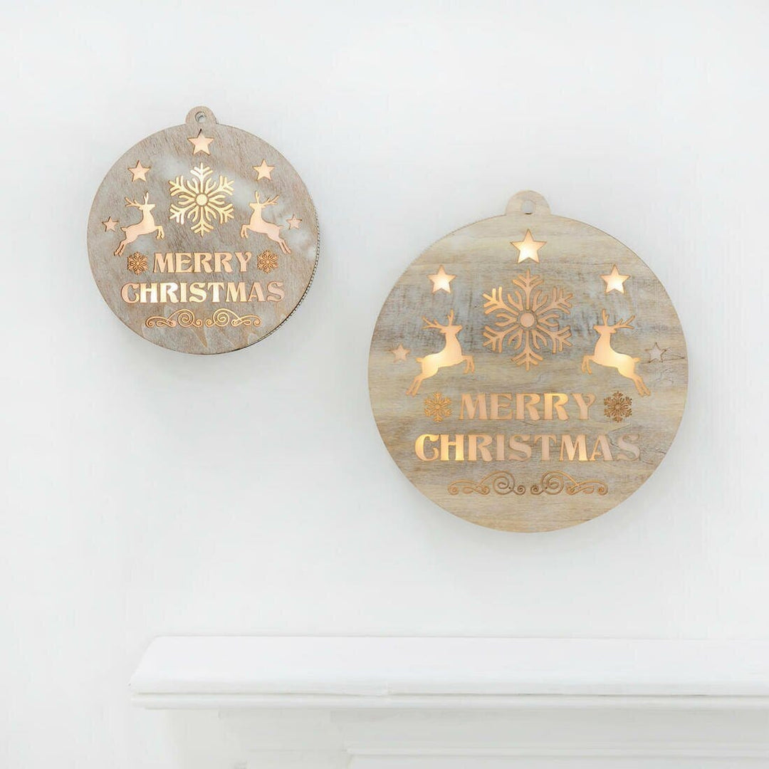 Round Wooden Merry Christmas Light Up Hanging Decoration