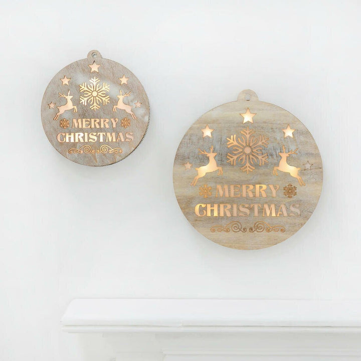 Round Wooden Merry Christmas Light Up Hanging Decoration