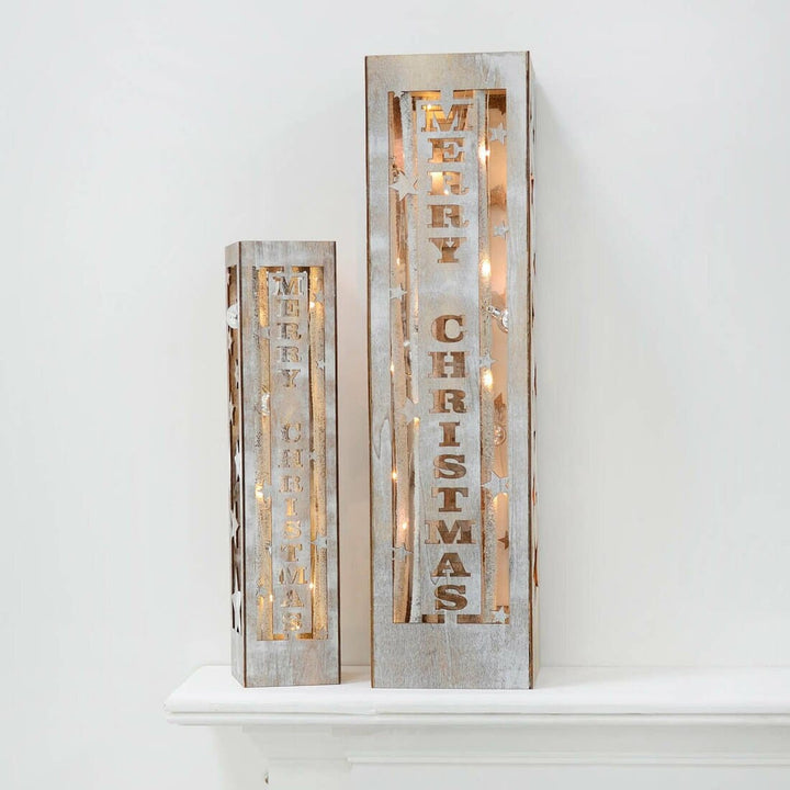 Wooden Merry Christmas Pillar Light Up Xmas Decoration