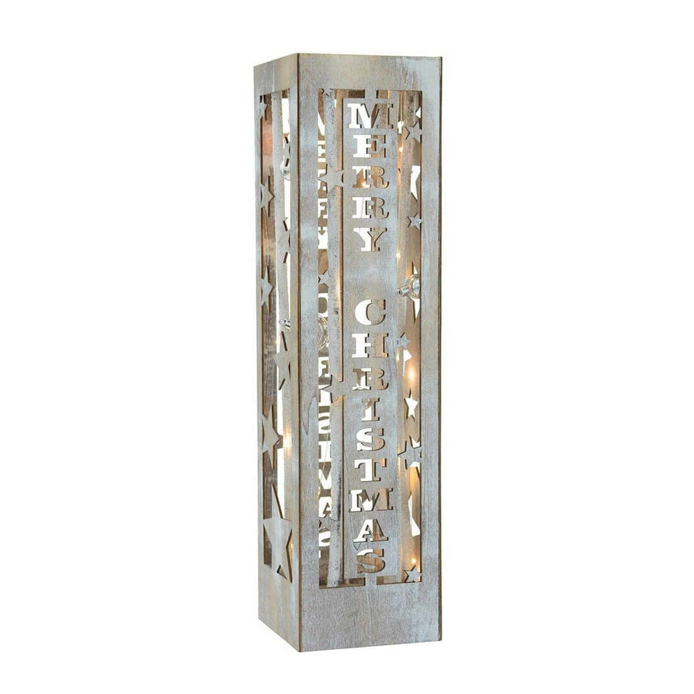 Wooden Merry Christmas Pillar Light Up Xmas Decoration 40cm