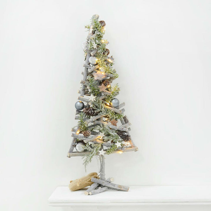 Pre-Lit Wooden Stick Christmas Tree Xmas Decoration 55cm