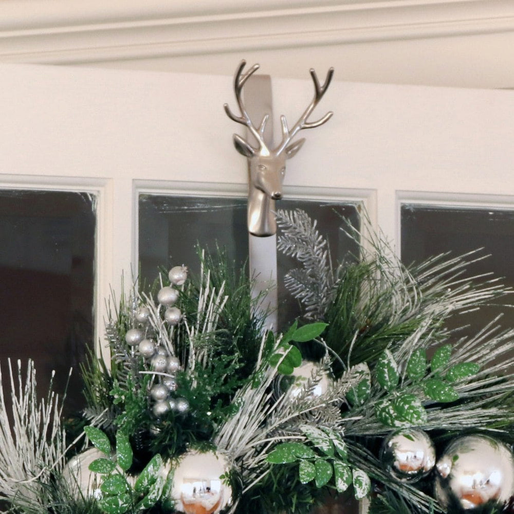 Christmas Wreath Hanger Reindeer Silver Metal Door Hook 35cm
