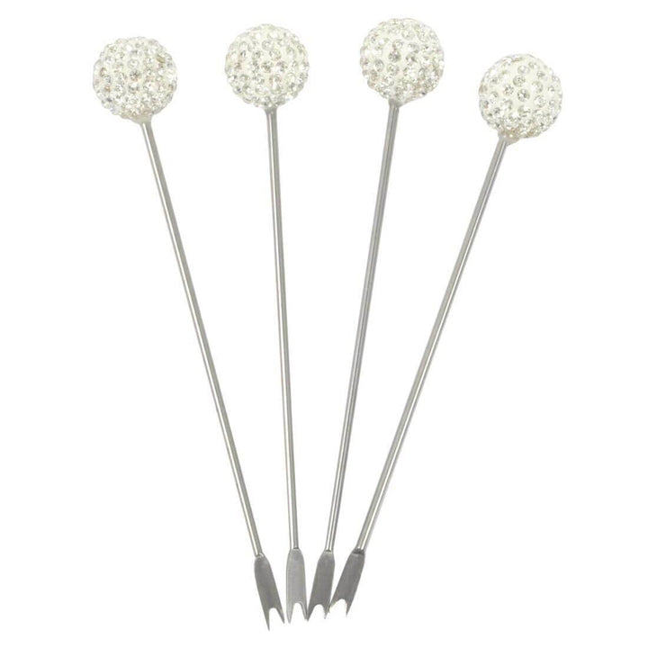 Set of 4 Stainless Steel Picks Party Food Cocktail Olives White Diamante