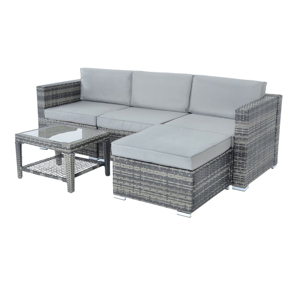 monaco rattan sofa set with glass table, ottoman, grey thick cushions on a white background