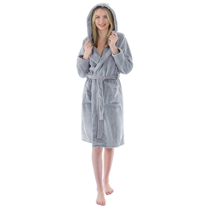 Autumn Faith Womens Deluxe Plush Robe With Hood And Pockets Dove Grey / S