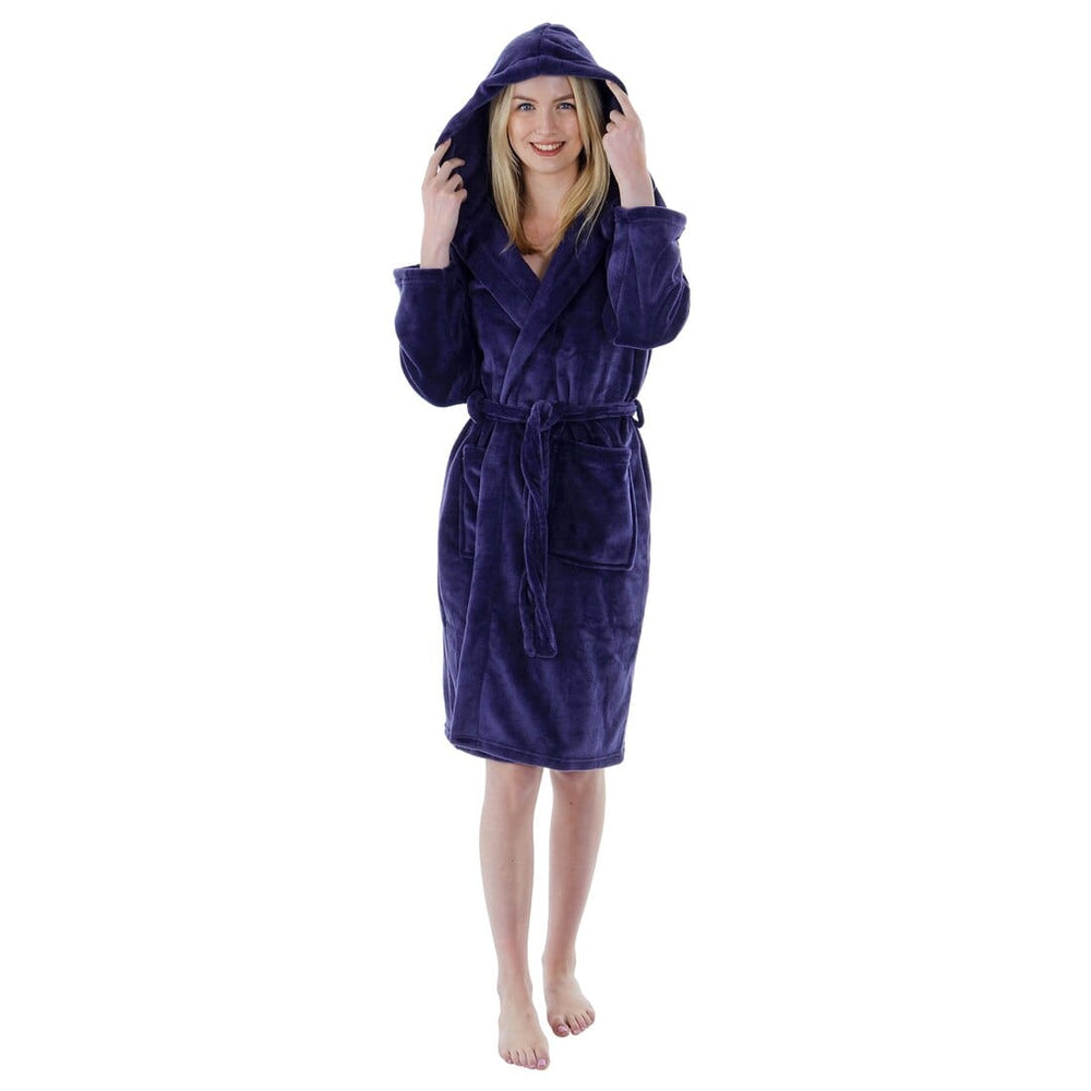 Autumn Faith Womens Deluxe Plush Robe With Hood And Pockets Deep Purple / S
