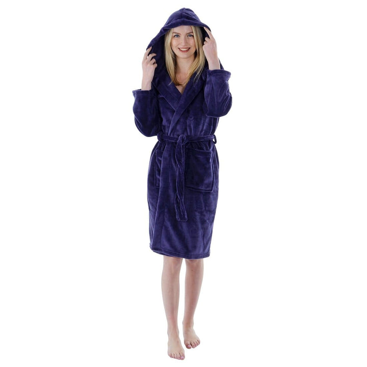 Autumn Faith Womens Deluxe Plush Robe With Hood And Pockets Deep Purple / S