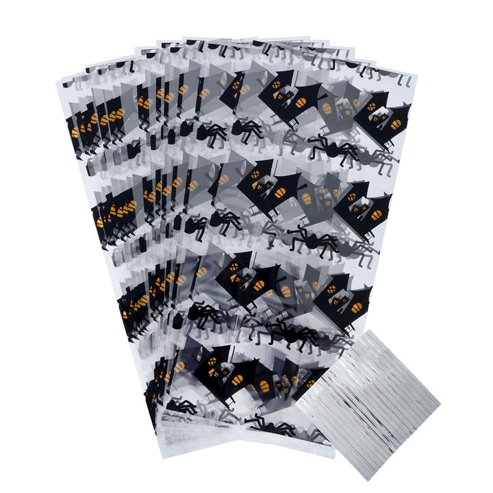 5 x 20pk Halloween Trick Or Treat Cellophane Bags With Ties Haunted House