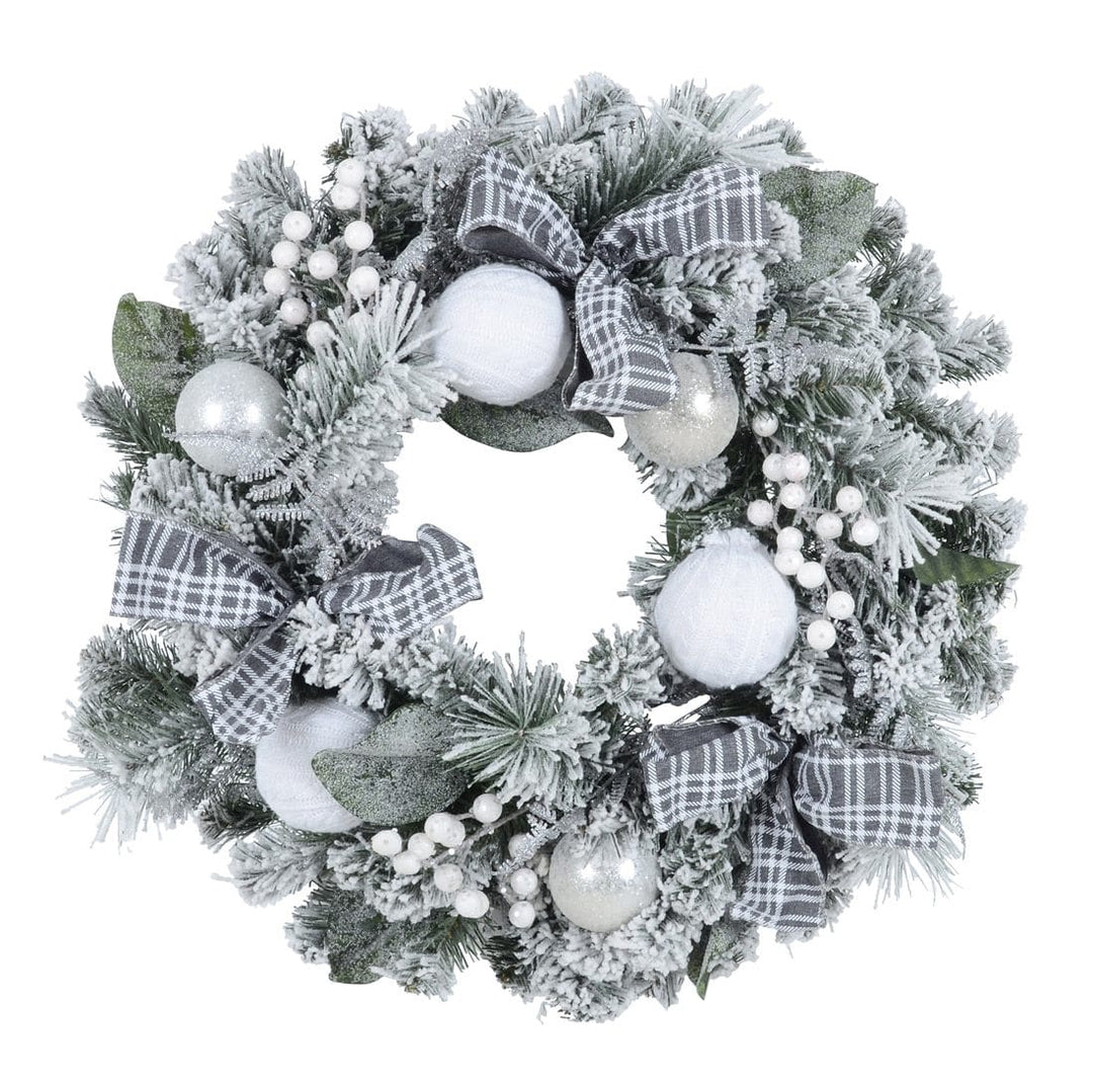 Snow Flocked Christmas Wreath With Grey Tartan Bows 60cm