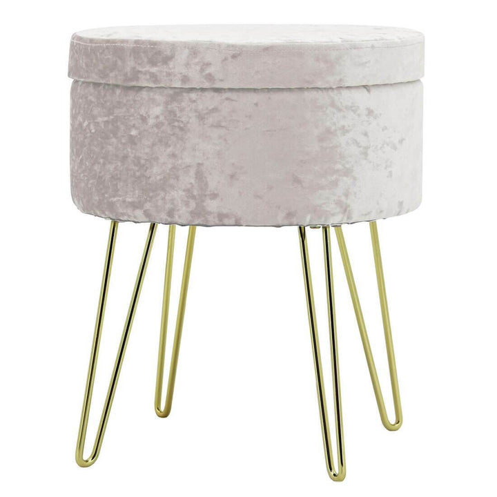 Hodge & Hodge Aria Plush Velvet Storage Stool With Gold Legs Light Grey Crush
