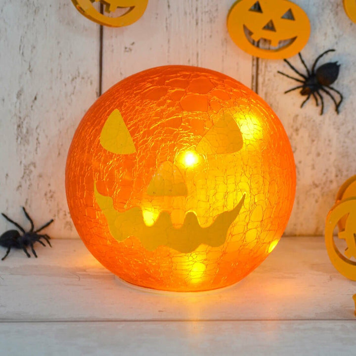Light Up Crackle Ball Halloween Decoration LED Ornament 15cm Pumpkin