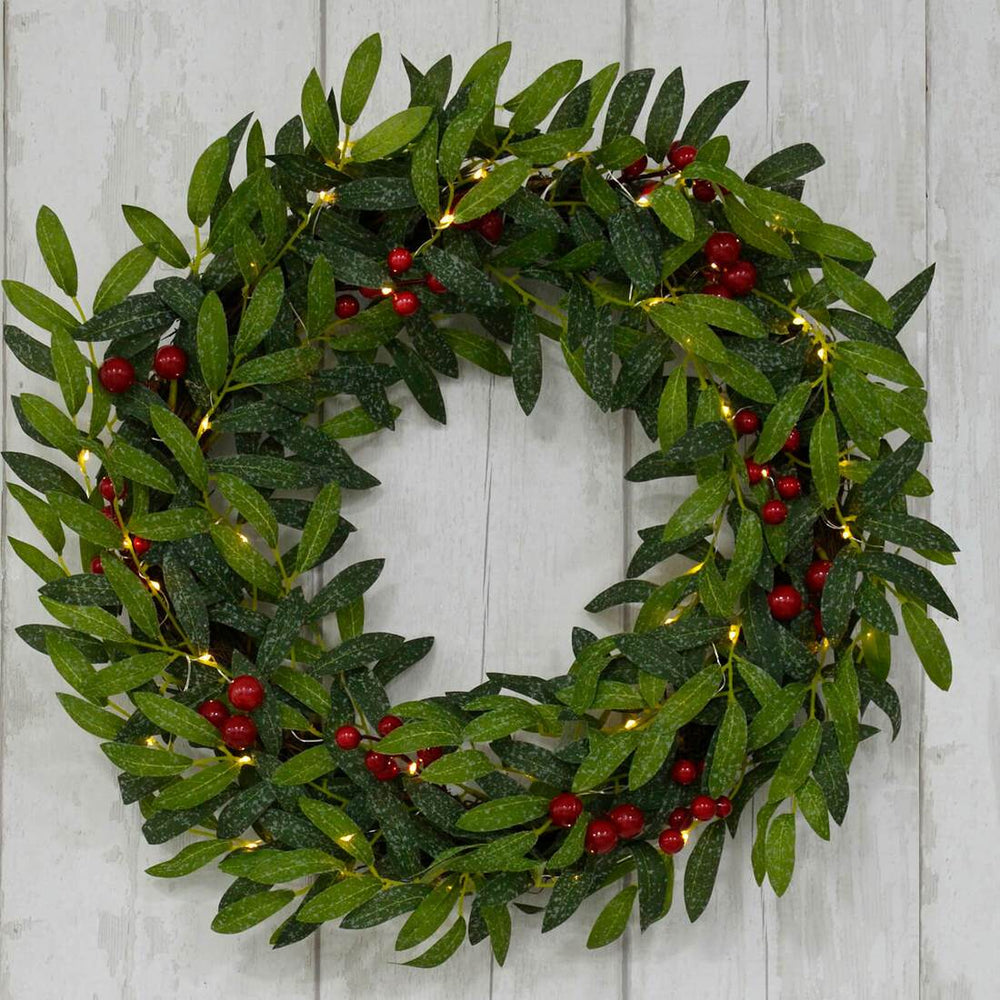 24" Pre Lit Christmas Wreath Fabric Leaves Berries Battery Op