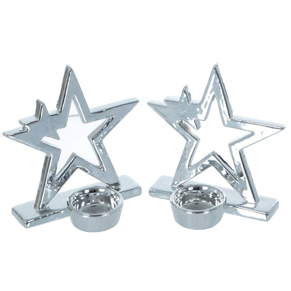 Set Of 2 Christmas Star Candle Holders Polished Silver