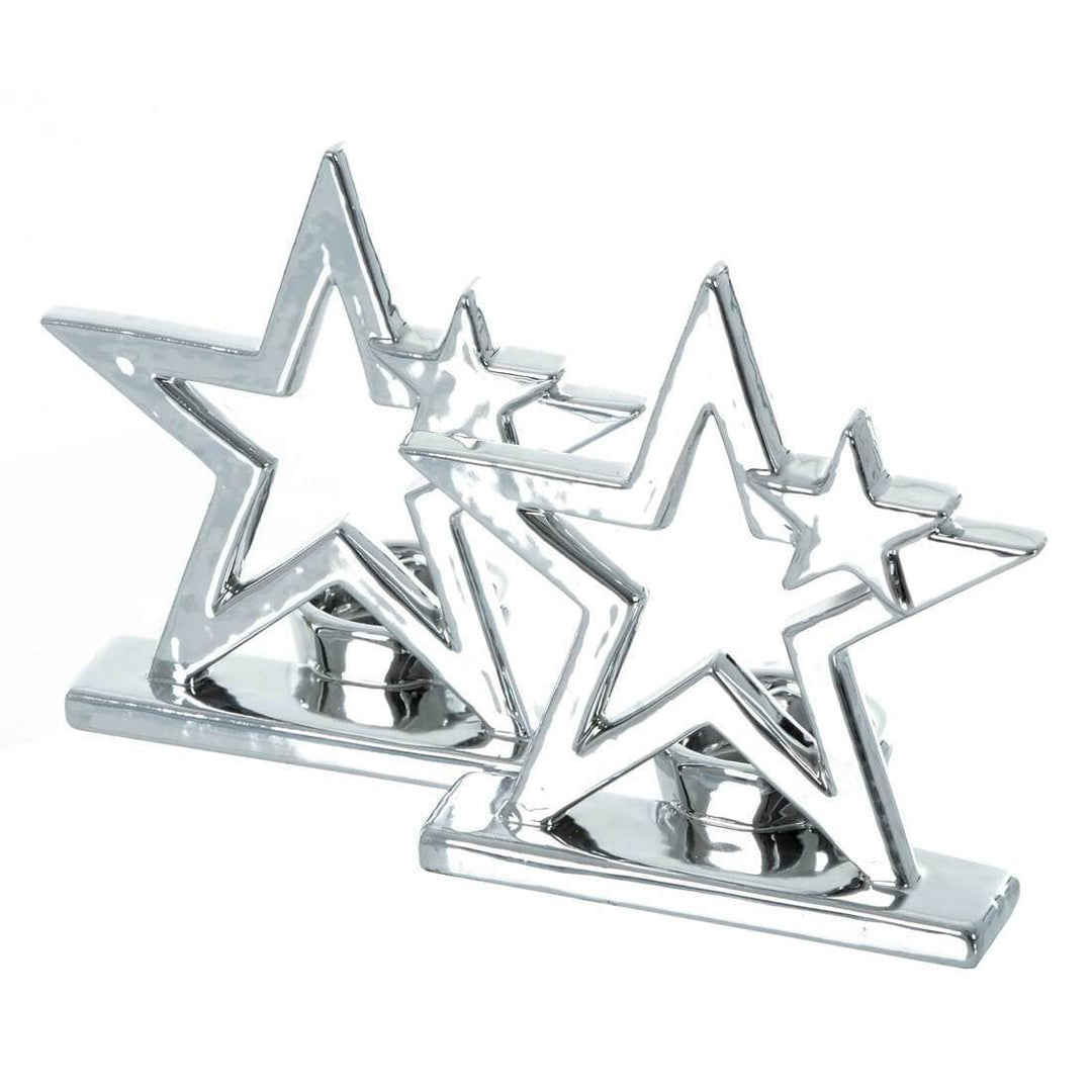 Set Of 2 Christmas Star Candle Holders Polished Silver