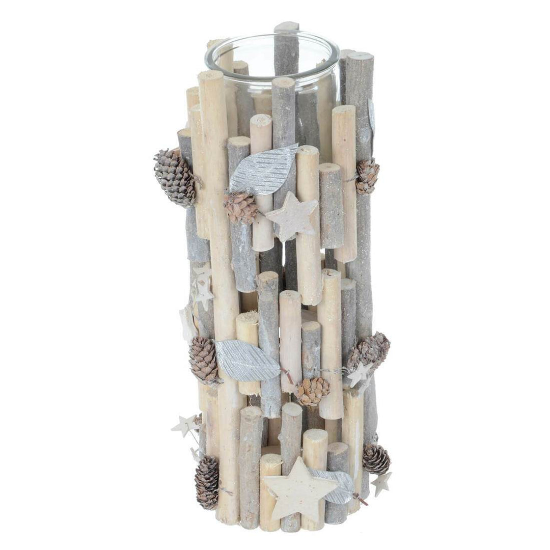Tall Wooden Candle Holder Christmas Silver Twigs Stars Cones 27cm