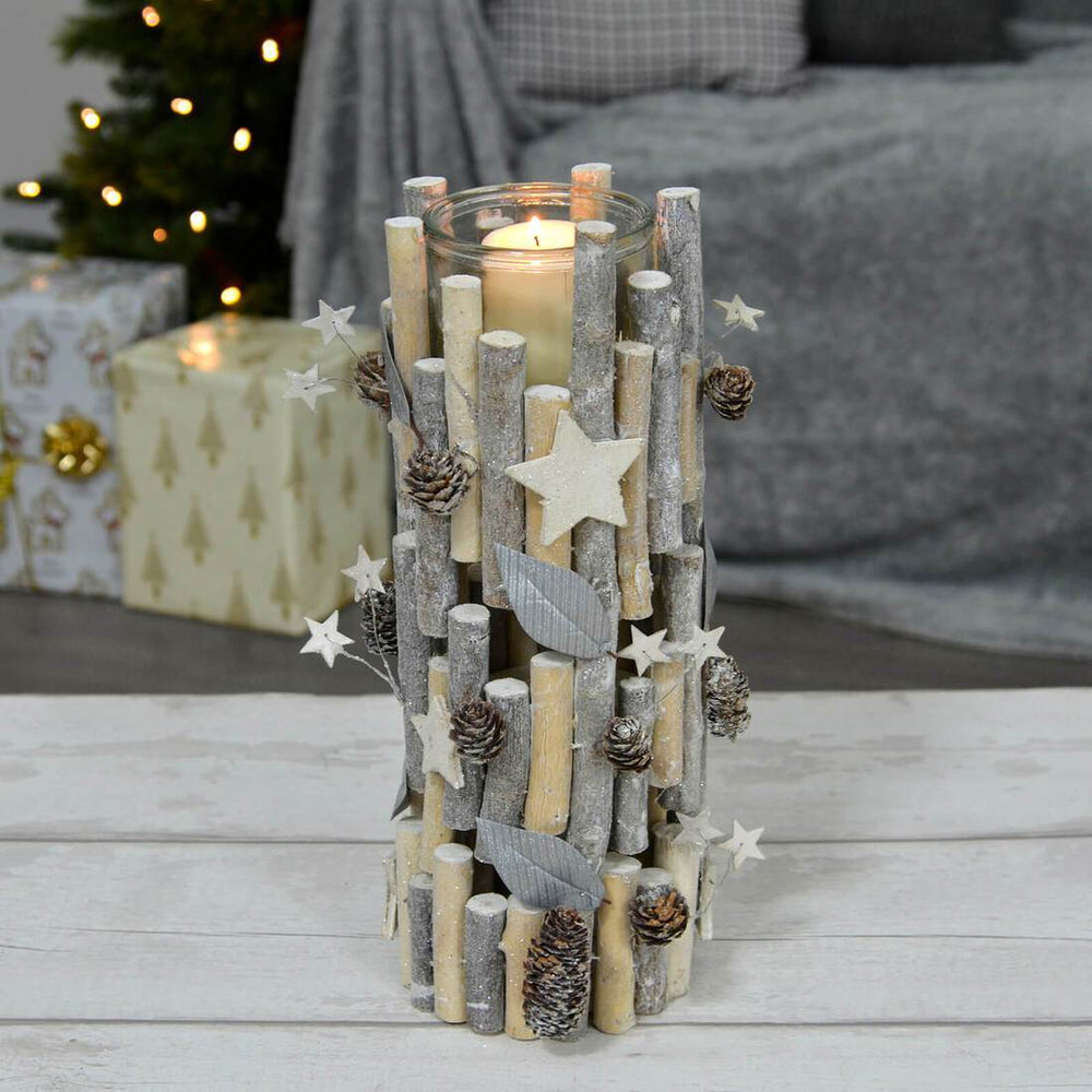 Tall Wooden Candle Holder Christmas Silver Twigs Stars Cones