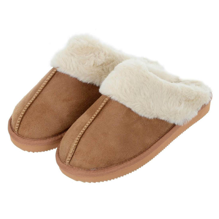 Womens Mule Slippers Luxury Microsuede Faux Fur Non-Slip Tan / 3