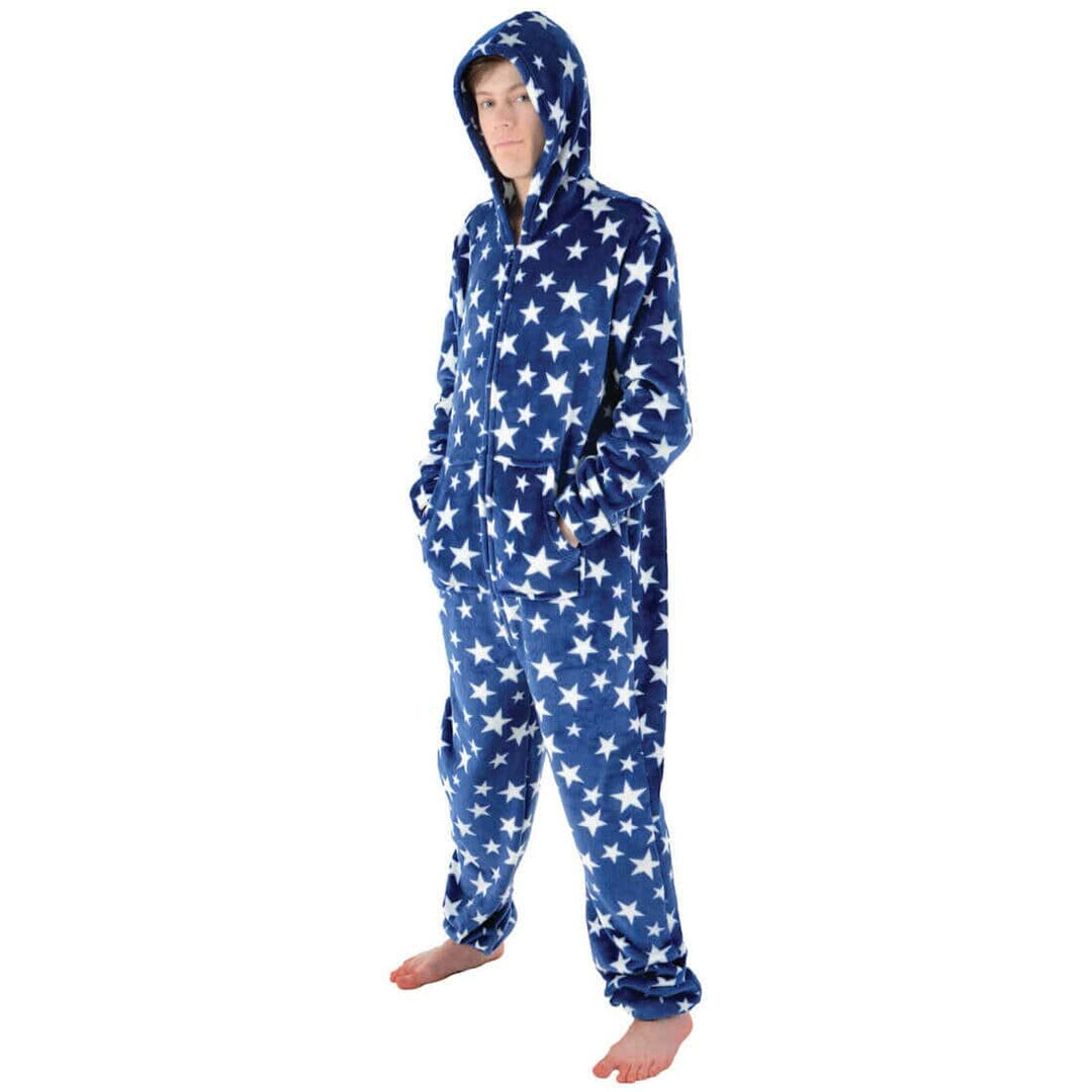 Mens All in One Pyjamas White Stars Hooded Fleece Nightwear Navy / M