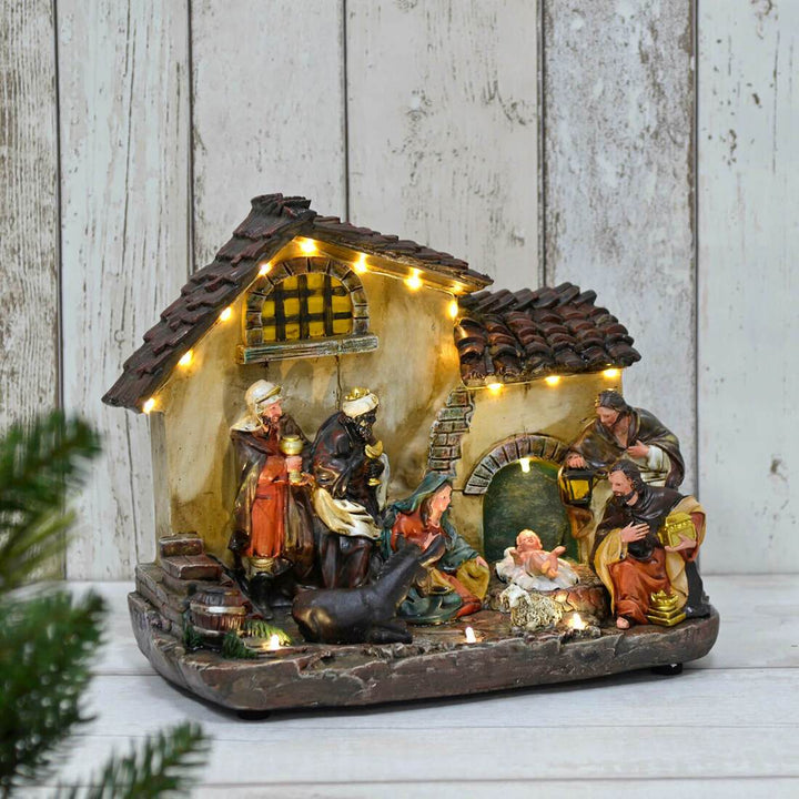 Light Up Nativity Scene Resin Christmas Decoration 16 LED 29cm