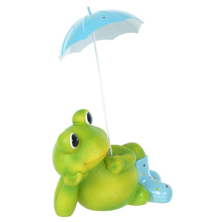 Frog With Umbrella Garden Ornament Novelty Outdoor 32cm Blue