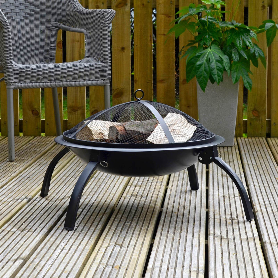 Azuma Vulcan Fire Pit Black Steel Folding Legs Mesh Cover