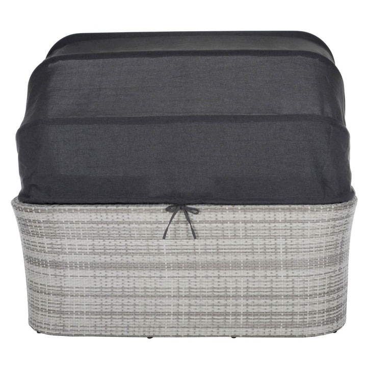 back view of arezzo canopy set with grey rattan material and dark grey canopy tied in a bow