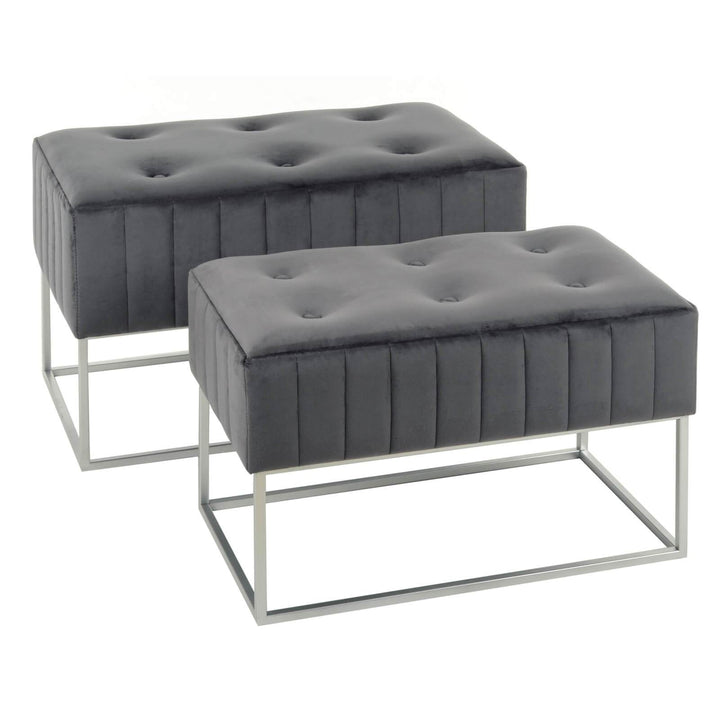 Set Of 2 Nesting Stools Velvet Padded Seats Silver Metal Legs