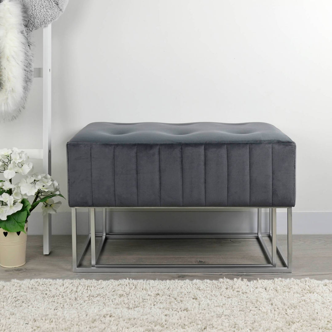 Set Of 2 Nesting Stools Velvet Padded Seats Silver Metal Legs