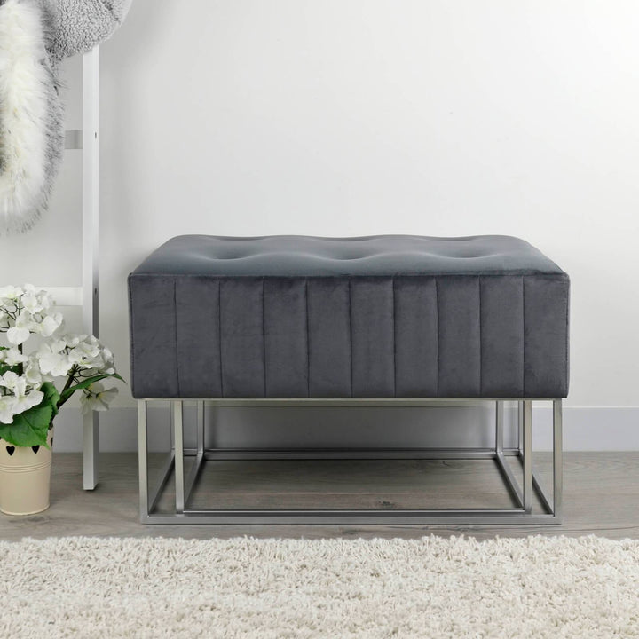 Set Of 2 Nesting Stools Velvet Padded Seats Silver Metal Legs