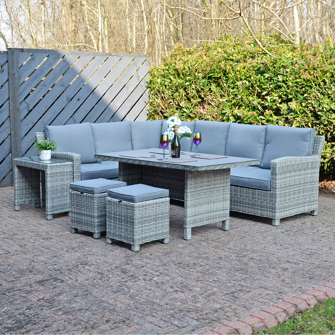 Havana Garden Dining Set Grey Rattan 3 Seater Sofas Table Stools