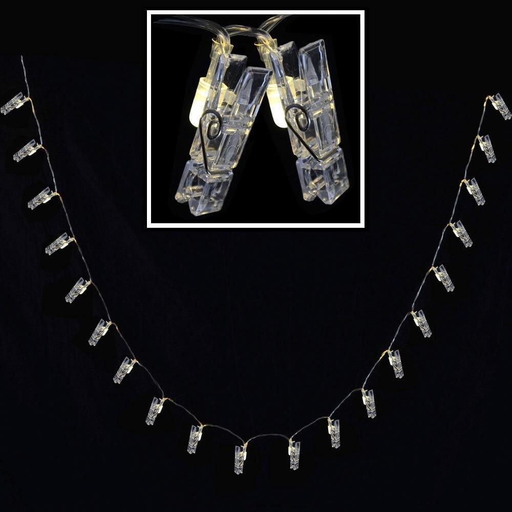 20 Warm White LED Peg Line Xmas Card Holders String Lights