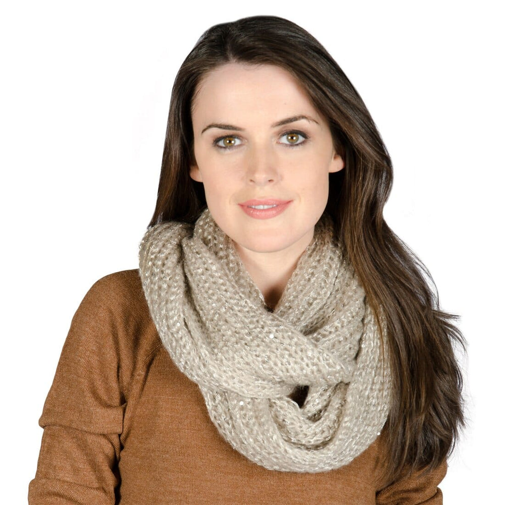 Womens Winter Snood Soft Knit Sparkly Sequins Wrap Scarf Natural