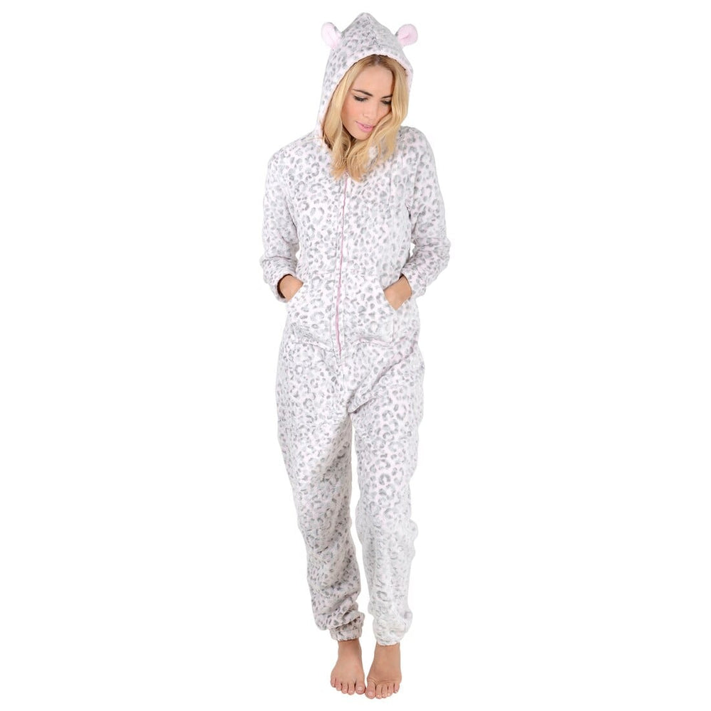 Womens Hooded Embossed Fleece Leopard All In One Pyjamas
