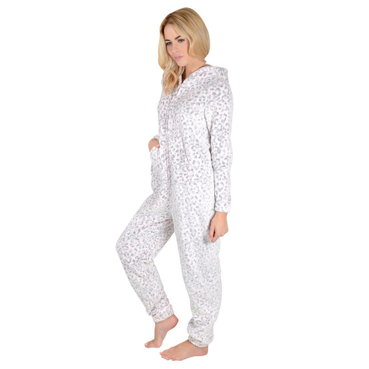 Womens Hooded Embossed Fleece Leopard All In One Pyjamas