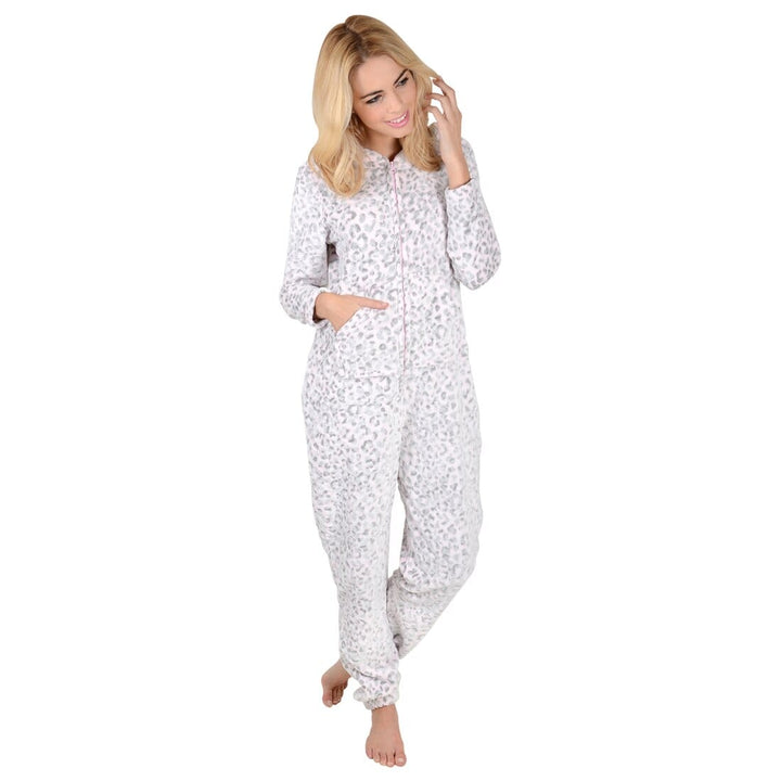 Womens Hooded Embossed Fleece Leopard All In One Pyjamas