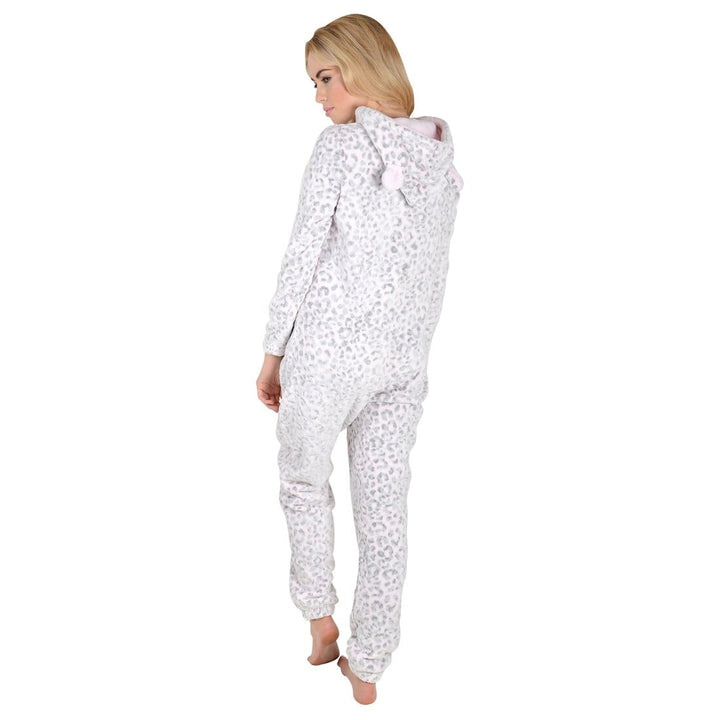 Womens Hooded Embossed Fleece Leopard All In One Pyjamas