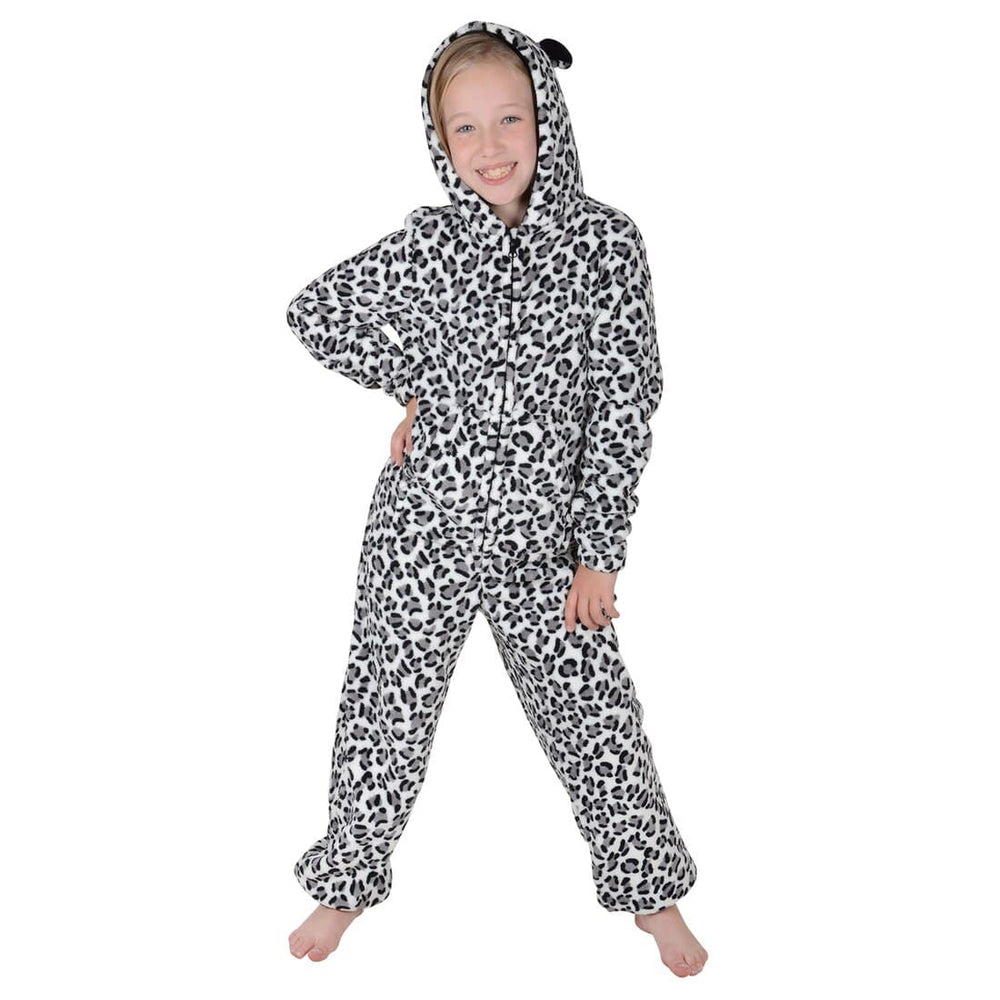 Girls Leopard Print Hooded Fleece All In One Pyjamas PJs Snow Leopard / 4-5 Years